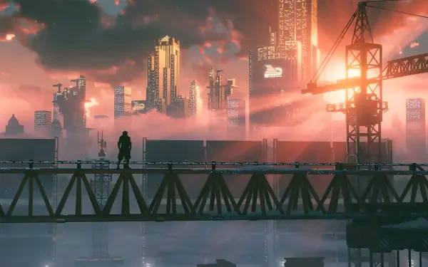 Replaced 2K Quad HD PC video game desktop wallpaper: lone figure stands on an industrial bridge overlooking a neon-lit futuristic city skyline at sunset with cranes and towering skyscrapers.
