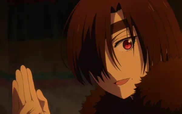 Anime HD PC desktop wallpaper: Asa from Daemons of the Shadow Realm, close-up with red eyes and dark hair, fur collar, smiling in a dimly lit scene.