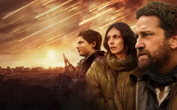 Greenland 2: Migration poster-style scene — three people in winter jackets stare toward a meteor-lit sky over a burning city; 4K Ultra HD PC desktop wallpaper and background.