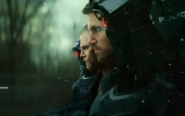 Code 8: Part 2, 4K Ultra HD PC desktop wallpaper showing two futuristic riot police in tactical helmets, rain-slick green lighting and blurred trees, intense profile stares.