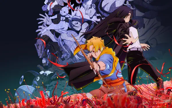 Daemons of the Shadow Realm — 4K Ultra HD PC desktop wallpaper/background: blond swordsman and dark-haired ally confront swirling shadow daemons above a field of red flowers.