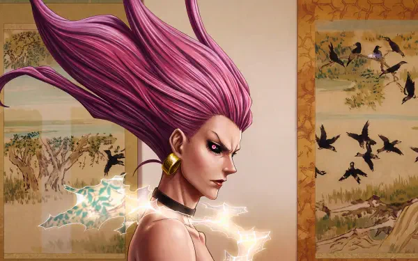 5K Ultra HD PC wallpaper of Takaka Uro from Jujutsu Kaisen 3rd Season: fierce anime sorcerer in profile with flowing pink hair (pinkair) and crackling energy.