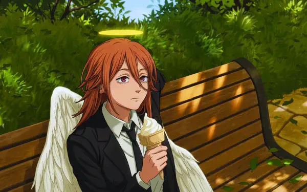 5K Ultra HD PC wallpaper: Angel Devil (Chainsaw Man) enjoying ice cream on a sunlit park bench, carefree anime scene.