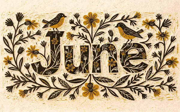 Hand-drawn floral typography spelling June with yellow flowers and two birds on a rustic textured paper — 4K Ultra HD PC desktop wallpaper and background.