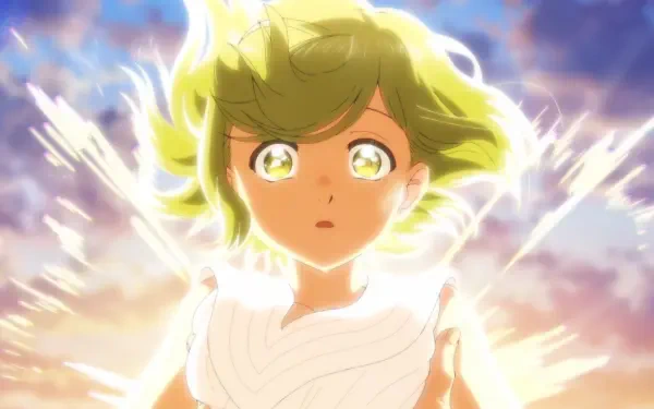 Anime HD PC desktop wallpaper: Coco from Witch Hat Atelier, glowing eyes and windblown hair bathed in radiant light against a vivid sky.