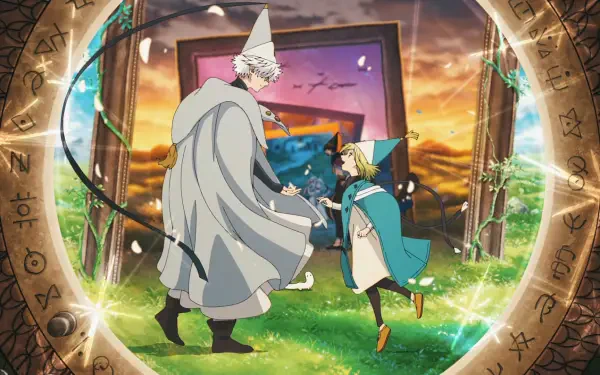 Anime HD PC desktop wallpaper and background from Witch Hat Atelier: Coco and Qifrey face a glowing rune-framed portal with floating paintings and a vivid sunset sky.