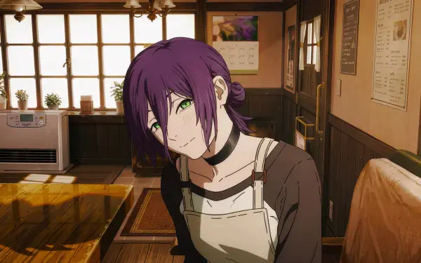 Reze from Chainsaw Man as a cute anime waitress leaning forward in a sunlit cafe — 5K Ultra HD PC desktop wallpaper/background.