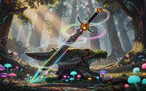 4K Ultra HD PC desktop wallpaper and background - an enchanted sword thrust into a mossy anvil in a sunlit forest, luminescent mushrooms and swirling magic ribbons around the blade.