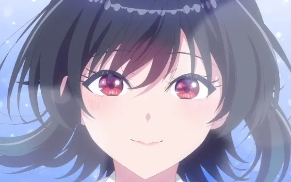 HD PC desktop wallpaper of Umi Asanagi from I Made Friends with the Second Prettiest Girl in My Class — close-up smiling, pink eyes, short dark hair and soft blue sparkled background.