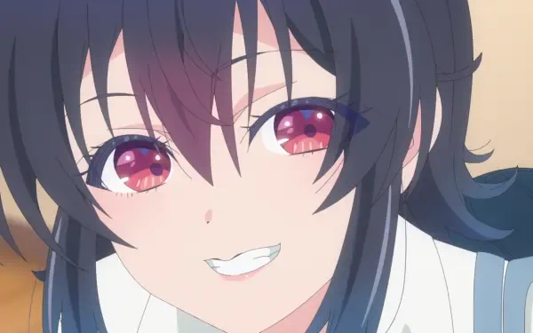 HD PC wallpaper close-up of Umi Asanagi from anime I Made Friends with the Second Prettiest Girl in My Class: dark hair, pink-red eyes, warm playful smile.