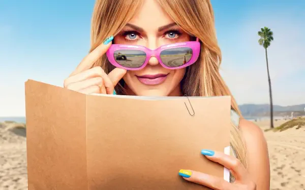 HD desktop wallpaper of a blonde actress in pink sunglasses peeking over a folder on a sunny beach, promotional image for the TV show High Potential.