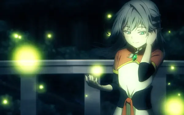 HD desktop wallpaper of Tessia Eralith (The Beginning After The End) on a night balcony, softly cradling glowing green motes of light.