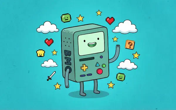 2K Quad HD PC desktop wallpaper of Adventure Time TV show character BMO, smiling on a teal background surrounded by clouds, stars, hearts and pixelated game icons.