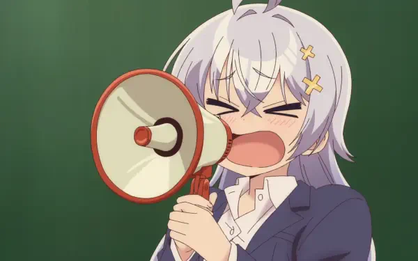 HD anime wallpaper of Yowayowa Sensei's Hiyori Hiwamura — white-haired girl in a school uniform shouting into a megaphone against a green chalkboard background.
