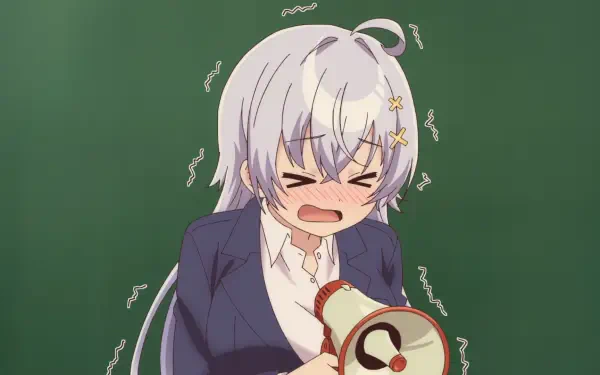 HD PC anime wallpaper: Yowayowa Sensei's Hiyori Hiwamura, flustered and shouting into a megaphone in front of a green chalkboard background.