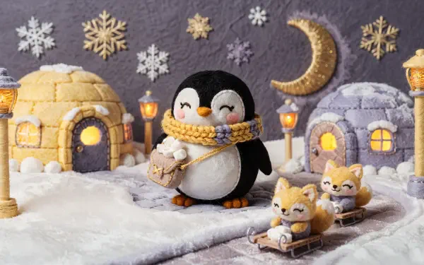 Kawaii winter scene: chubby penguin in a scarf carrying a bag as two foxes sled past lit igloos, snowflakes and crescent moon — 4K Ultra HD PC desktop wallpaper/background.