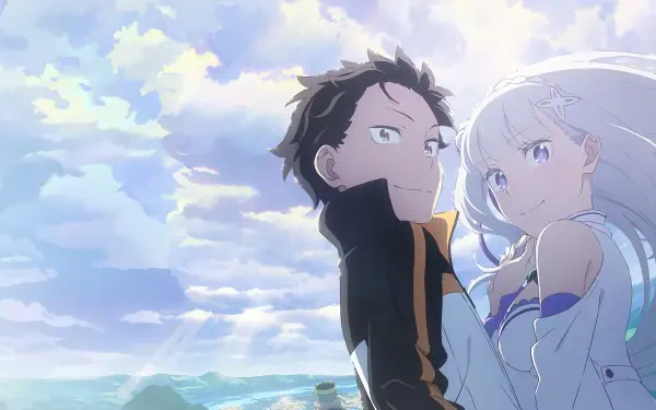 4K Ultra HD Re:Zero - Starting Life in Another World wallpaper showing Subaru and Emilia together beneath a bright sky, high-detail anime PC desktop background.