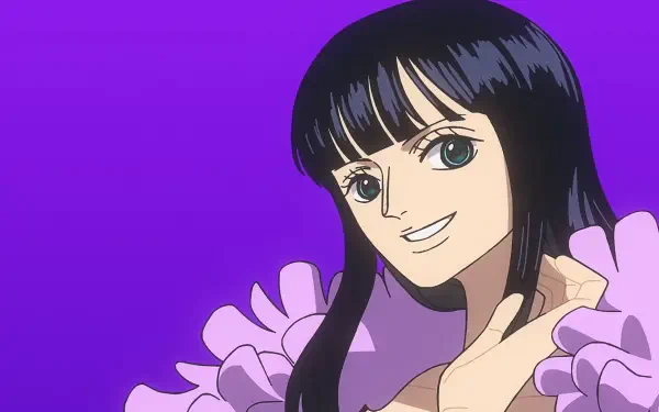 Anime HD PC desktop wallpaper of One Piece's Nico Robin smiling against a purple background, black hair and green eyes, wearing a pink feathered shawl.