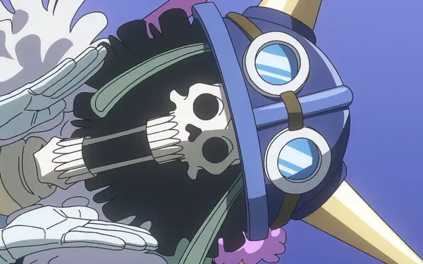 HD PC desktop anime wallpaper of Brook (One Piece): close-up of the skeletal musician in a top hat and goggles, hands near his face on a purple-blue background.