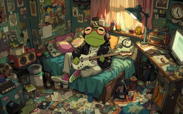Chill anime-style frog with goggles lounges in a messy bedroom, playing electric guitar under warm lamp glow — AI art 2K Quad HD PC desktop wallpaper.
