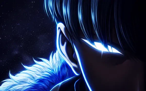 Sung Jin-Woo (Solo Leveling) anime close-up: glowing blue eyes, fur collar, drip aesthetic and crackling aura hinting at aura farming — 5K Ultra HD PC desktop wallpaper