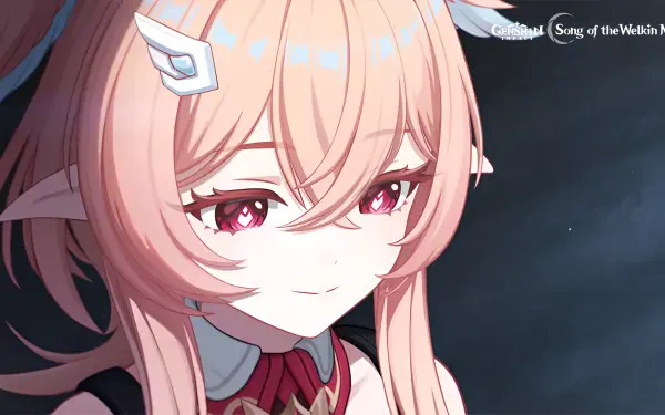 HD PC desktop wallpaper of video game character Linnea from Genshin Impact: close-up with pink hair, pointed ears, red eyes and a gentle smile against a dark background.