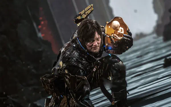 Death Stranding 2: On The Beach — drenched protagonist clutching an orange pod on rain-slick steps, dark moody scene, 4K Ultra HD PC desktop wallpaper background.