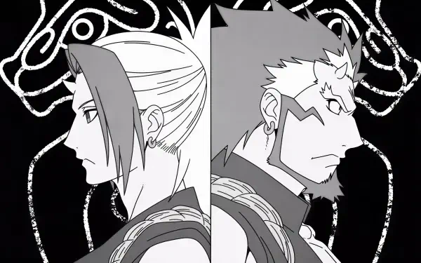 Black-and-white HD anime desktop wallpaper: two Daemons of the Shadow Realm shown in split profile, facing away with bold, stylized dark background patterns.