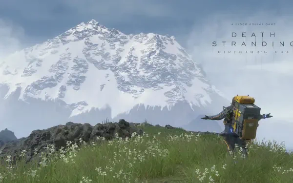 4K Ultra HD PC desktop wallpaper/background of a Death Stranding video game scene: a lone porter with cargo walks through flowered tundra toward a snow-capped mountain under a cloudy sky.
