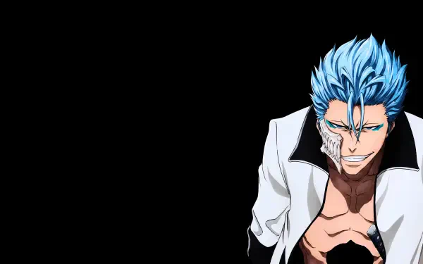 Bleach wallpaper: Grimmjow Jaegerjaquez (Arrancar) smirking, blue hair and jaw mask fragment, open white jacket against black — 5K Ultra HD PC desktop background.