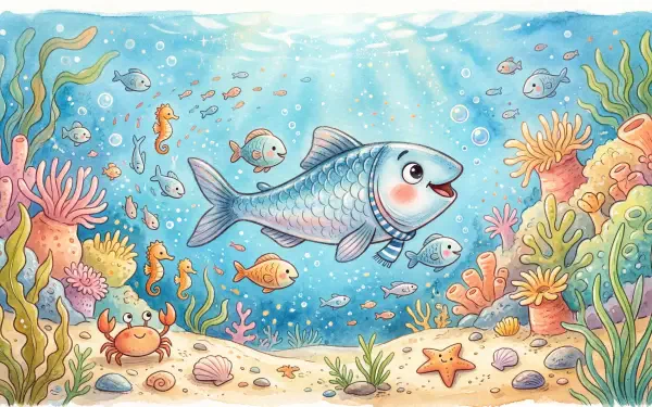 5K Ultra HD PC desktop wallpaper of a smiling sardine swimming among colorful reef fish, coral, starfish and a crab beneath sunlit blue water.