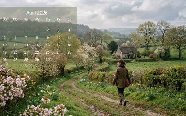 April 2026 Calendar on a 5K Ultra HD PC Desktop Wallpaper and Background: lone person walks a green country lane amid spring blossoms, hedgerows and stone cottages under a cloudy sky.