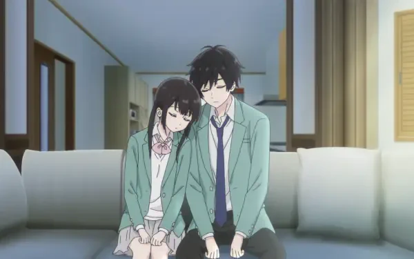 Anime HD PC desktop wallpaper: Miku Sakura and Yukiya Asagi from I Want to End this Love Game sit together on a couch in school uniforms, leaning heads in a quiet, tender moment.