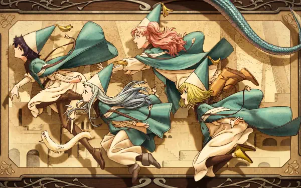 5K Ultra HD PC wallpaper: Coco and Arklaum witches from Witch Hat Atelier — anime girls in teal cloaks racing across a decorative fantasy panel.