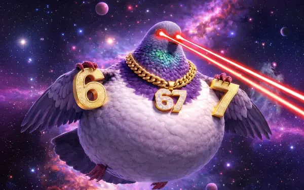 Funny Italian Brainrot 2K Quad HD desktop wallpaper: rotund pigeon with gold 6, 67, 7 chains firing red laser beams against a cosmic space background.