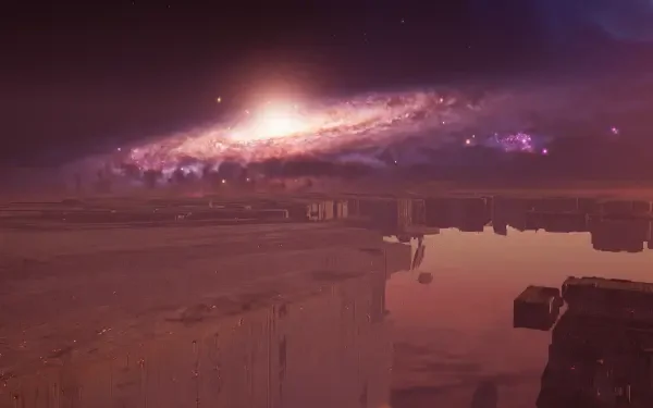 Homeworld video game 2K Quad HD PC desktop wallpaper, purple alien canyon with reflective water beneath a glowing spiral galaxy in space.