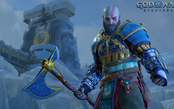 Kratos from the video game God of War: Ragnarök in blue-gold armor wielding the Leviathan Axe amid icy ruins — 4K Ultra HD PC desktop wallpaper/background