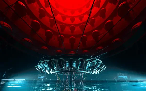 Call of Duty: Black Ops 6 4K Ultra HD PC desktop wallpaper — dark futuristic chamber with teal-lit machinery and cables reflected on a wet floor beneath a glowing red domed ceiling.