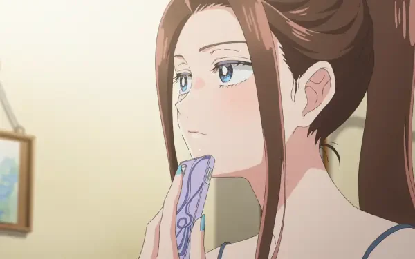 Kei Amane from Gals Can't Be Kind to Otaku!? — close-up anime portrait holding a phone to her chin, pensive expression, warm lighting; HD PC desktop wallpaper background.