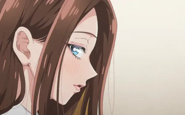 Side-profile of Kei Amane from Gals Can't Be Kind to Otaku!? — anime HD PC wallpaper of a blushing, brown-haired girl with blue eyes against a soft beige background.