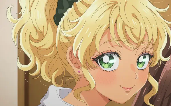 HD PC desktop wallpaper of Kotoko Ijichi from Gals Can't Be Kind to Otaku?! Close-up smiling portrait with green eyes and blonde twin-tail hair.