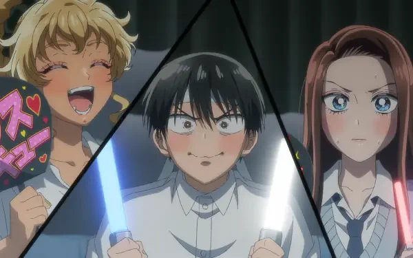 HD PC wallpaper of anime Gals Can't Be Kind to Otaku!? featuring Kotoko Ijichi, Kei Amane and Takuya Seo in a triangular split with glowing light sticks and lively expressions.