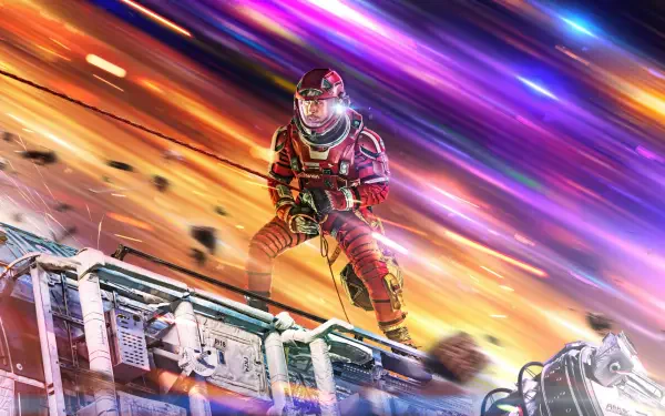 Project Hail Mary 4K Ultra HD PC desktop wallpaper: red-suited astronaut on a damaged spacecraft railing amid vivid, multicolored cosmic streaks.