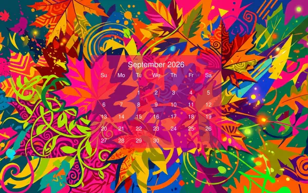 Vibrant autumn leaves and abstract swirls with a centered September 2026 calendar overlay, 5K Ultra HD PC desktop wallpaper/background.
