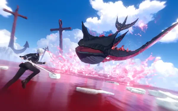 Dynamic 4K Ultra HD PC wallpaper and background from mobile game Neverness to Everness: lone swordsman faces a soaring, blossom-adorned whale above a reflective red sea dotted with crosses