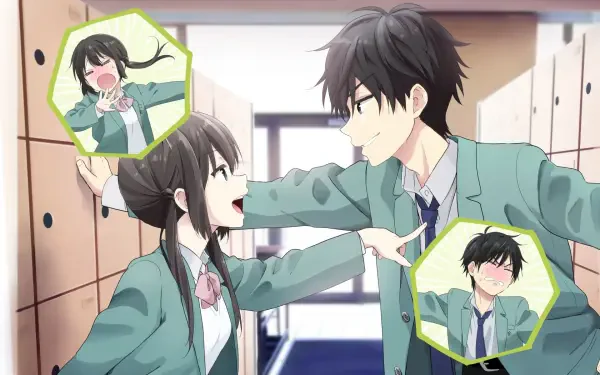 HD PC desktop wallpaper: anime I Want to End this Love Game — Yukiya Asagi and Miku Sakura in school uniforms, playful hallway confrontation with small inset reaction panels.