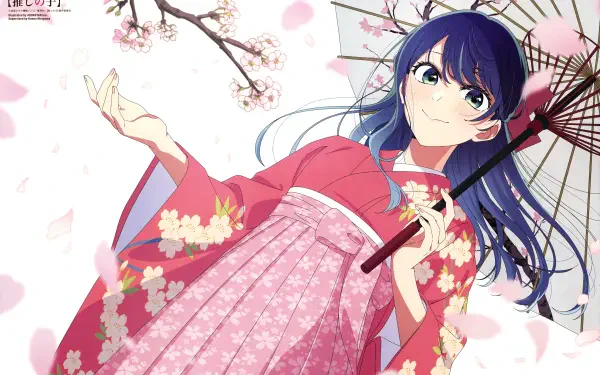 Akane Kurokawa (Oshi no Ko) in a pink floral kimono holding a parasol beneath cherry blossoms — 5K Ultra HD PC desktop wallpaper, anime art.