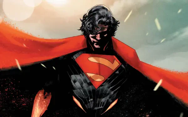 Dark comic depiction of Absolute Superman in 4K Ultra HD PC desktop wallpaper: brooding Dark Superhero with red cape and glowing S emblem against a stormy, dramatic backdrop