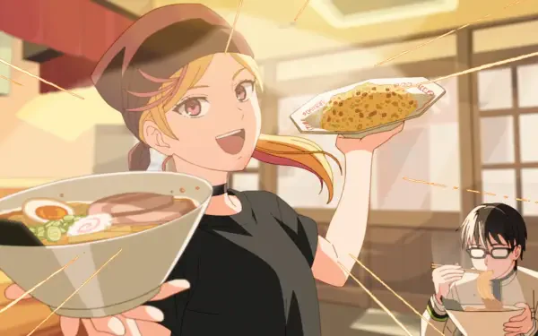 Anime HD PC desktop wallpaper/background of KILL BLUE: Noren Mitsuoka cheerfully presenting bowls of ramen and curry while Juuzou Ougami sips tea in a sunlit café.