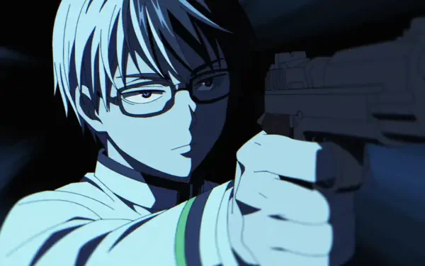 Anime HD PC desktop wallpaper/background: Juuzou Ougami from KILL BLUE, glasses on, intense blue-lit close-up aiming a handgun.